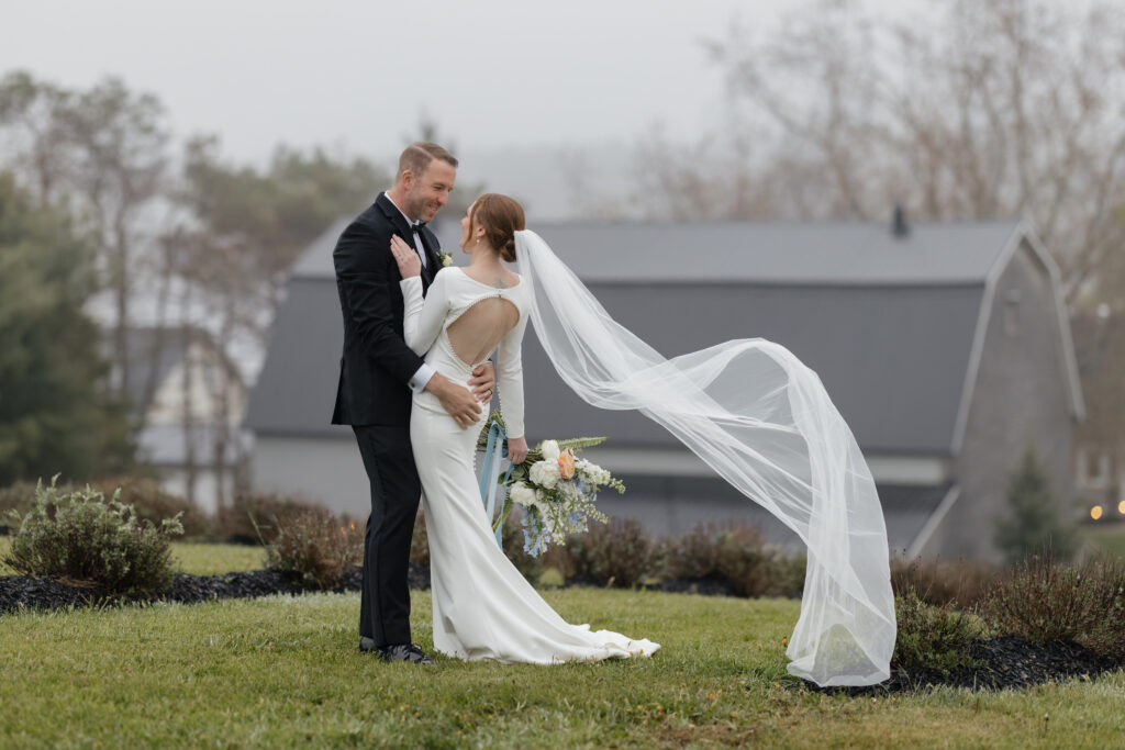 Bride and groom portraits along the rocky coastline at a Nova Scotia wedding venue