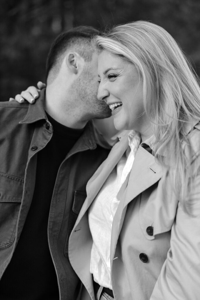Intimate engagement portrait with soft light and historic architecture at University of Toronto