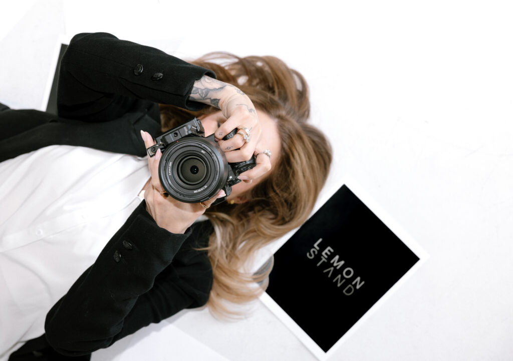 Studio branding session with minimal set design and natural posing