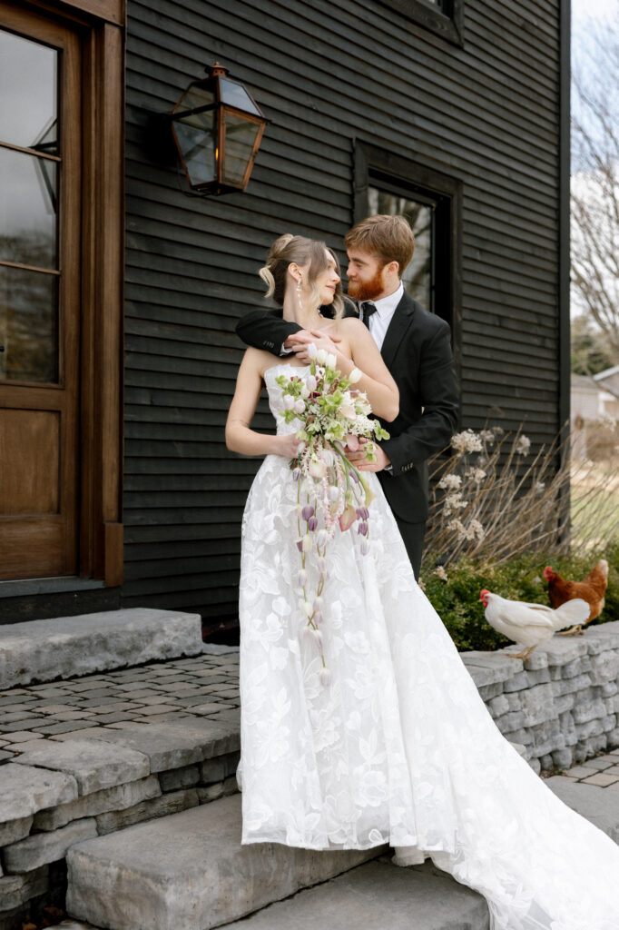 Romantic couple portrait in a restored farmhouse setting in Nova Scotia